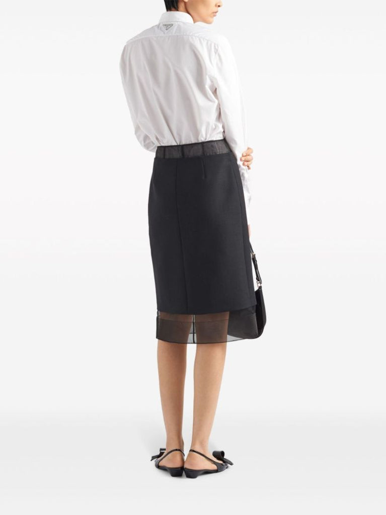 Black Sheer-panelled Wool Midi Skirt