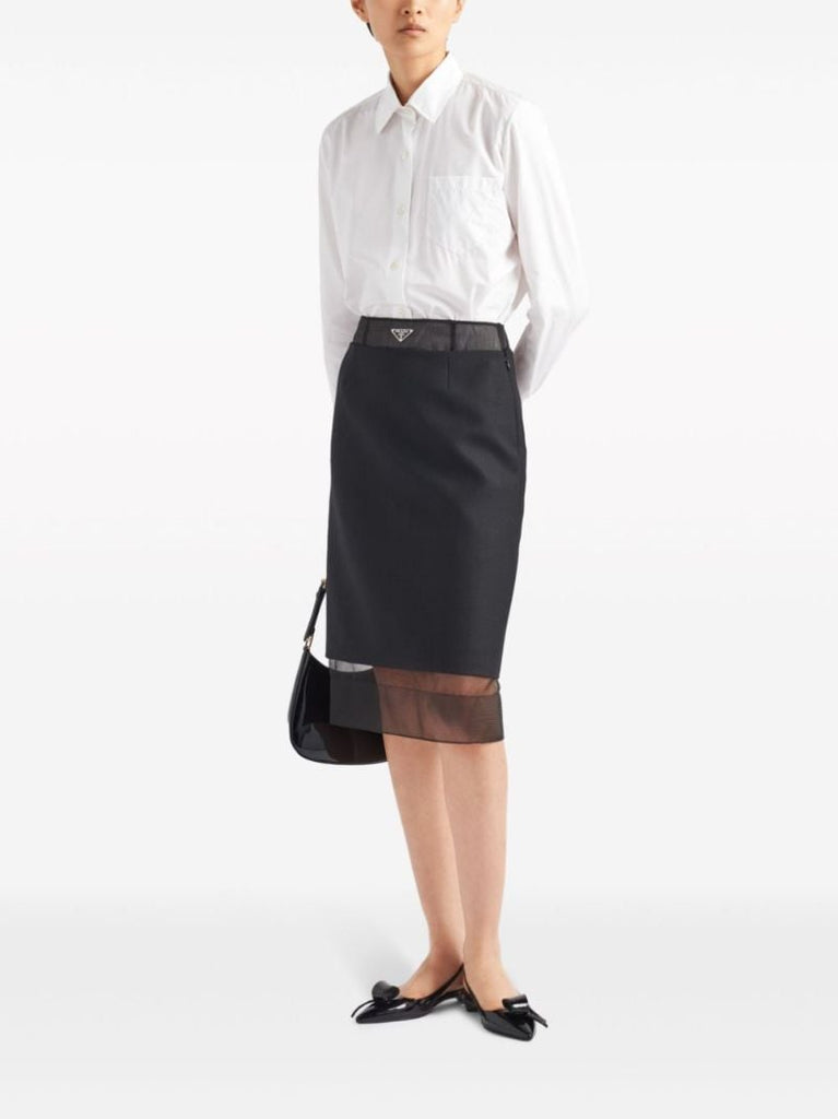Black Sheer-panelled Wool Midi Skirt