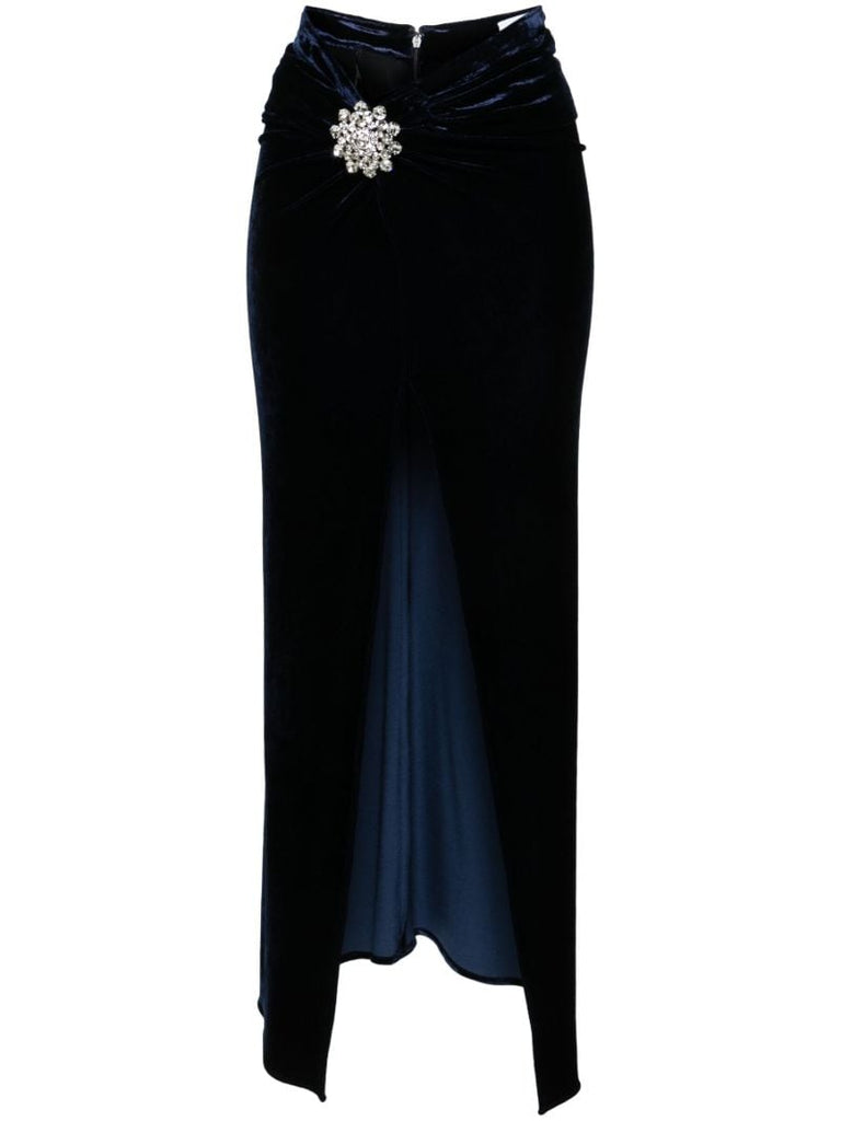 Blue Crystal-embellished Velvet Maxi Skirt