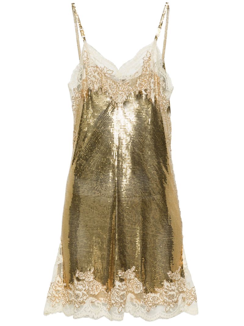 Gold-tone Lace-trim Chainmail Mini Dress