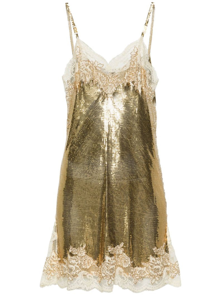 Gold-tone Lace-trim Chainmail Mini Dress