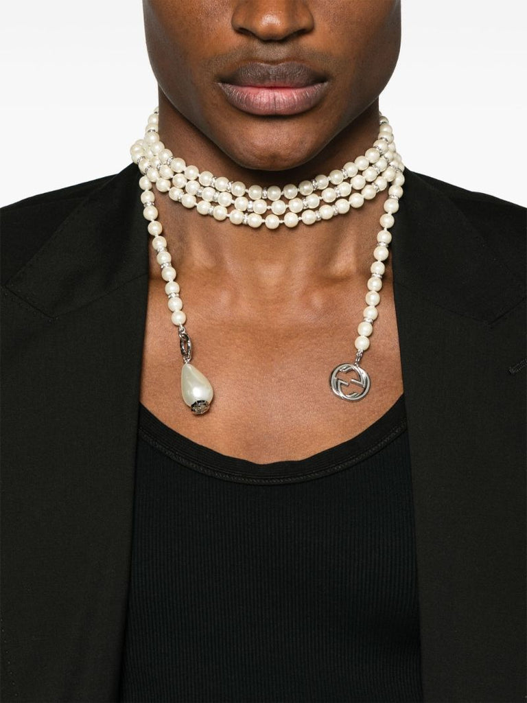 White Interlocking G Beaded Necklace