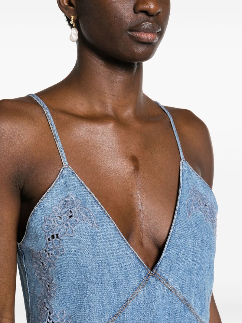 Blue Embroidered Denim Maxi Dress