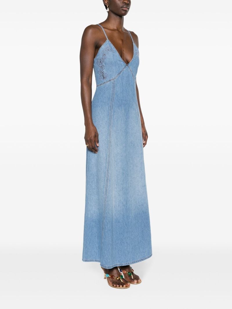 Blue Embroidered Denim Maxi Dress