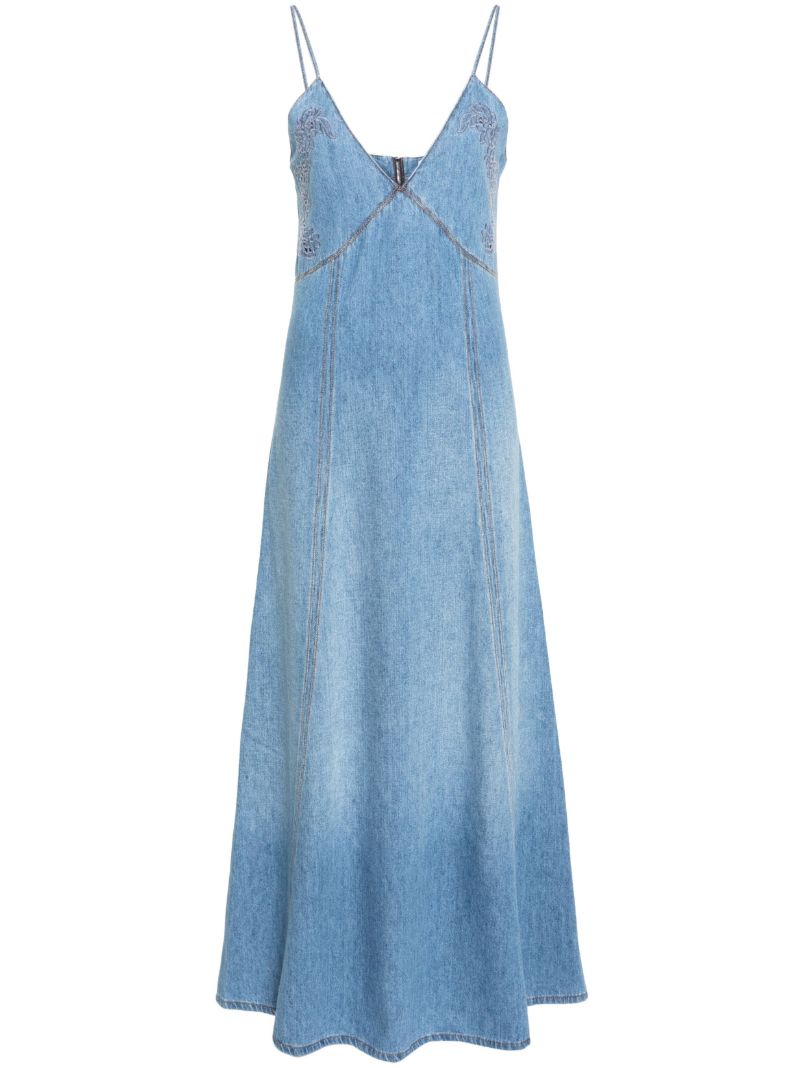 Blue Embroidered Denim Maxi Dress