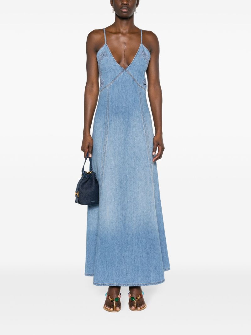 Blue Embroidered Denim Maxi Dress