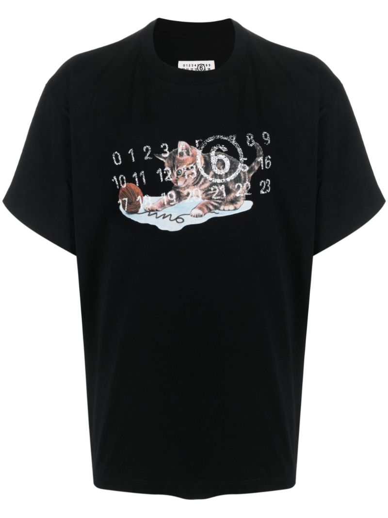 Black Cat & Wool-print Cotton T-shirt