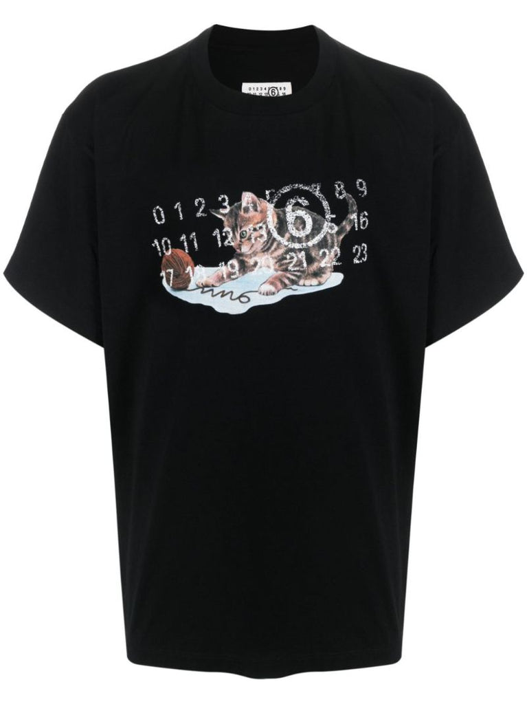 Black Cat & Wool-print Cotton T-shirt