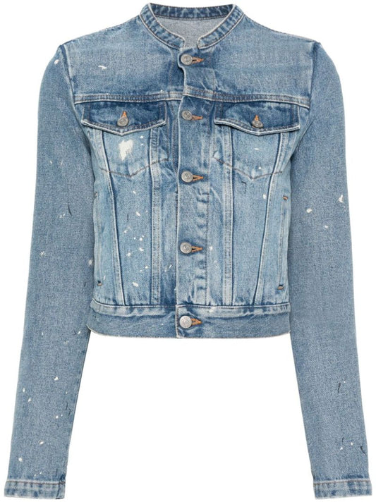 Blue Distressed Collarless Denim Jacket