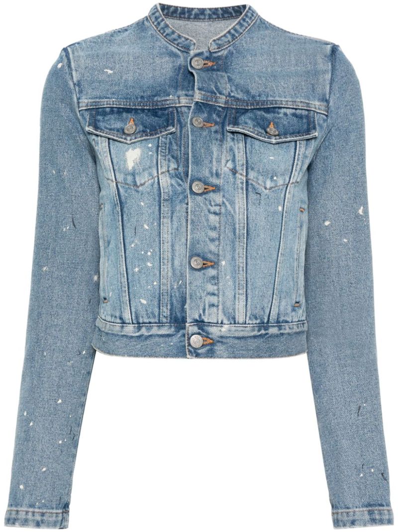 Blue Distressed Collarless Denim Jacket