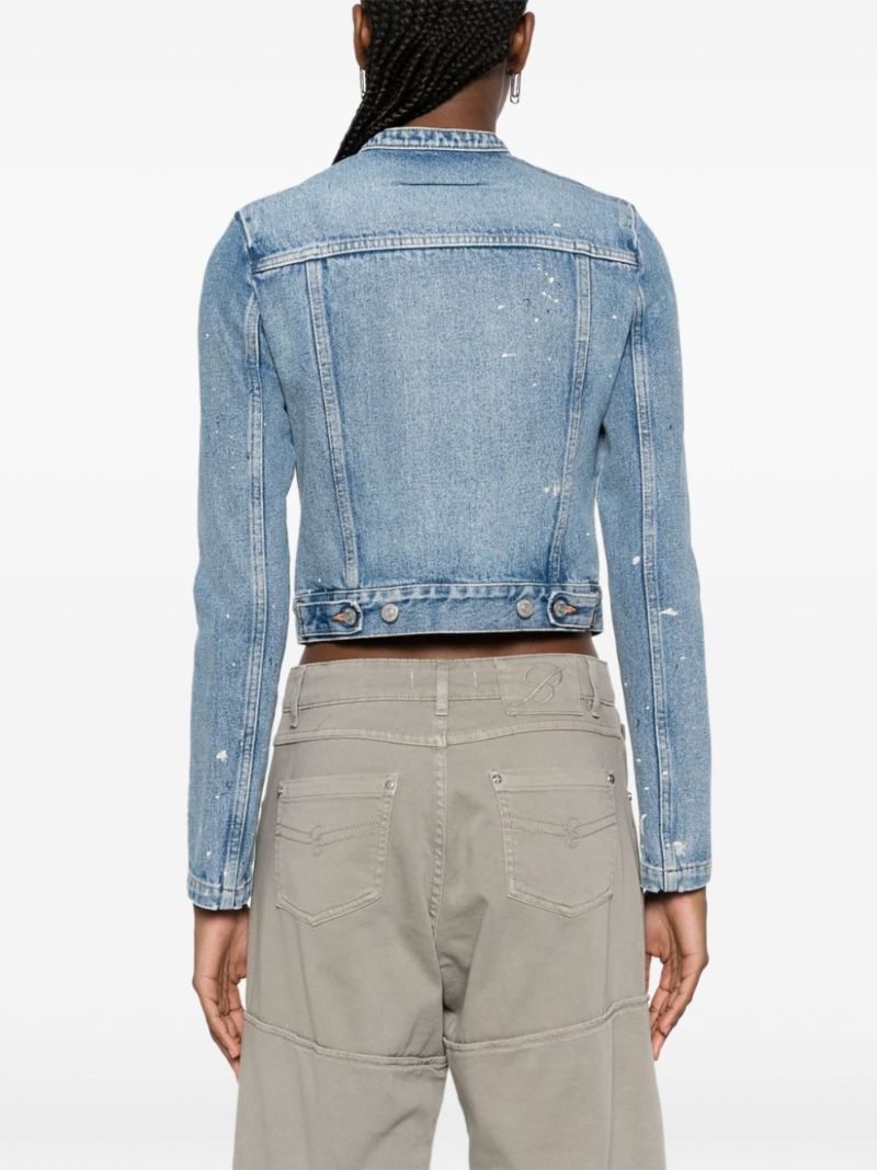 Blue Distressed Collarless Denim Jacket