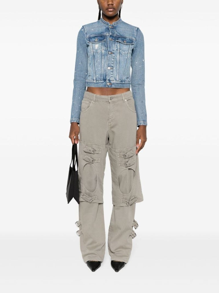 Blue Distressed Collarless Denim Jacket