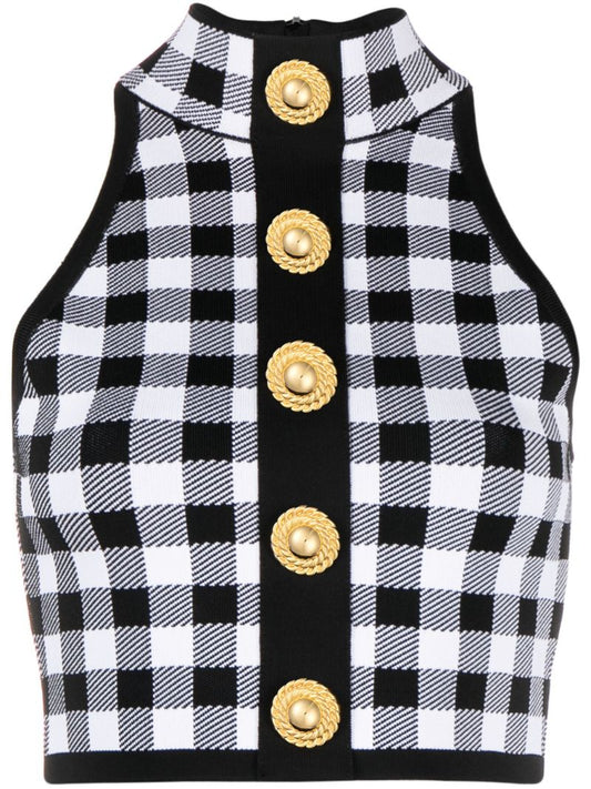 Black Check-pattern Crop Top