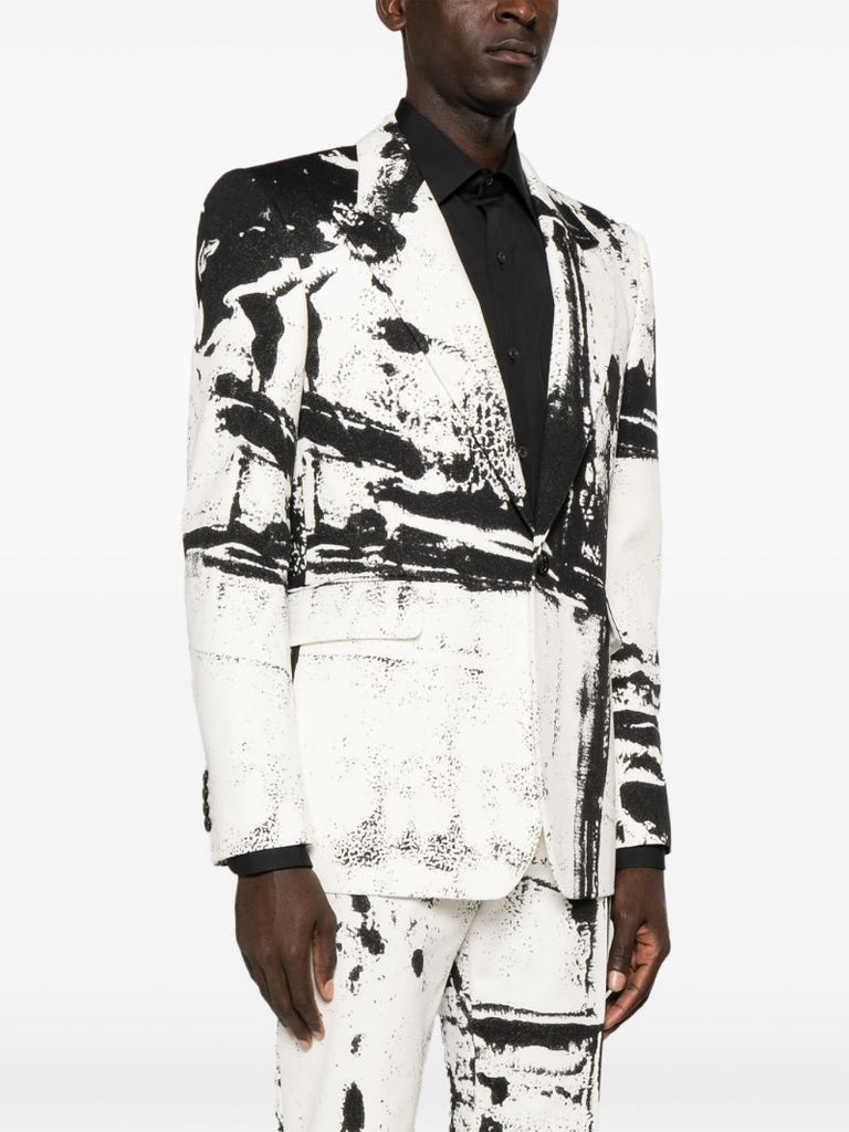White Abstract-print Cotton Blazer