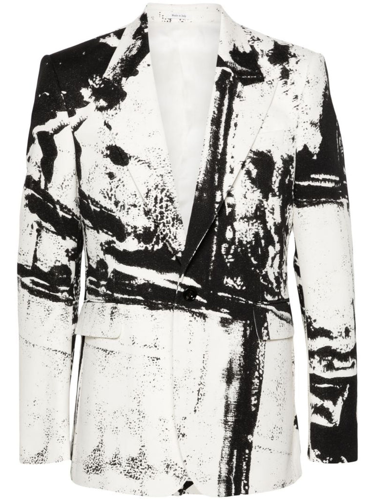 White Abstract-print Cotton Blazer