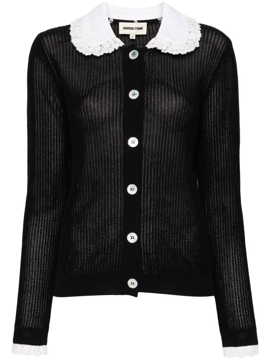 Black Lace-trim Ribbed-knit Cardigan
