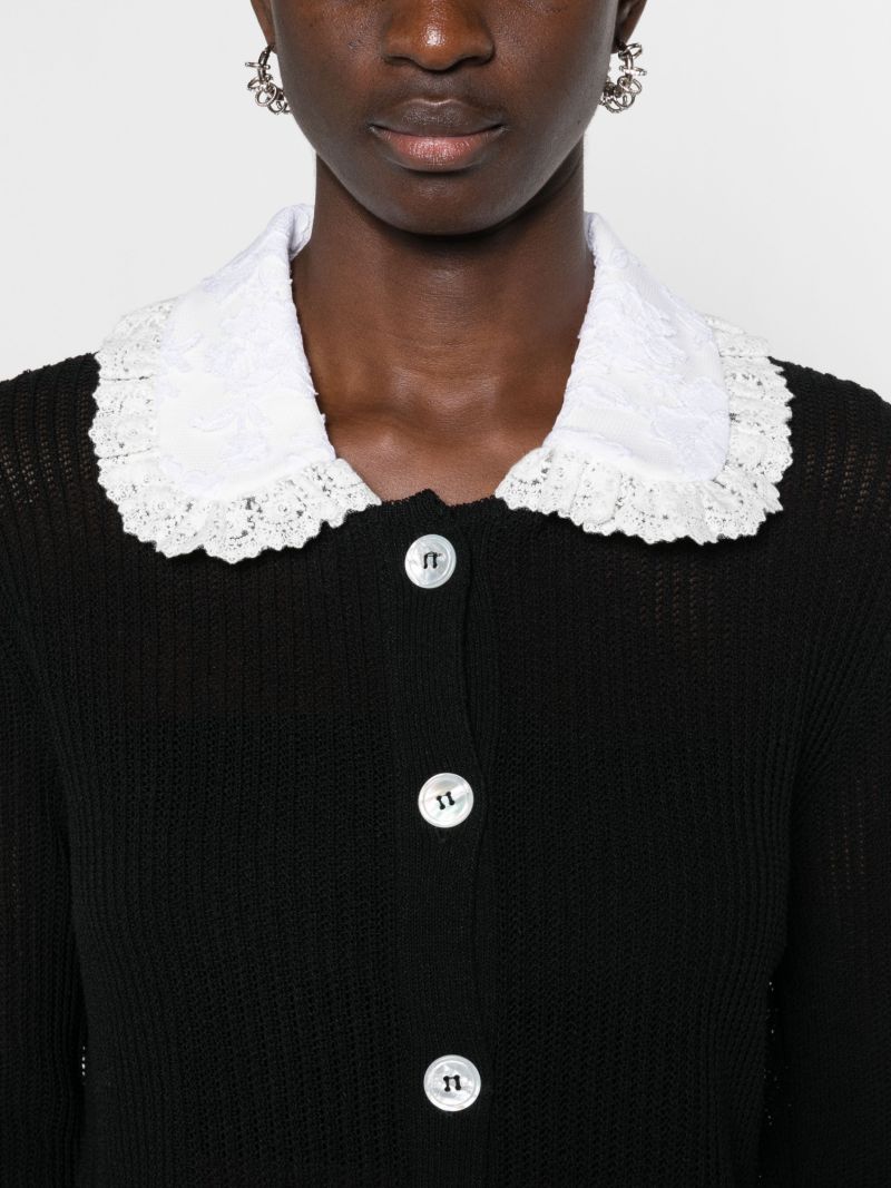 Black Lace-trim Ribbed-knit Cardigan