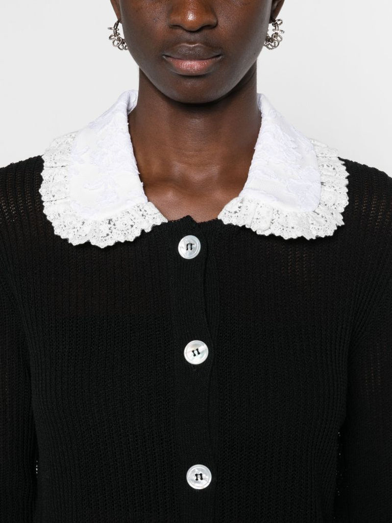 Black Lace-trim Ribbed-knit Cardigan