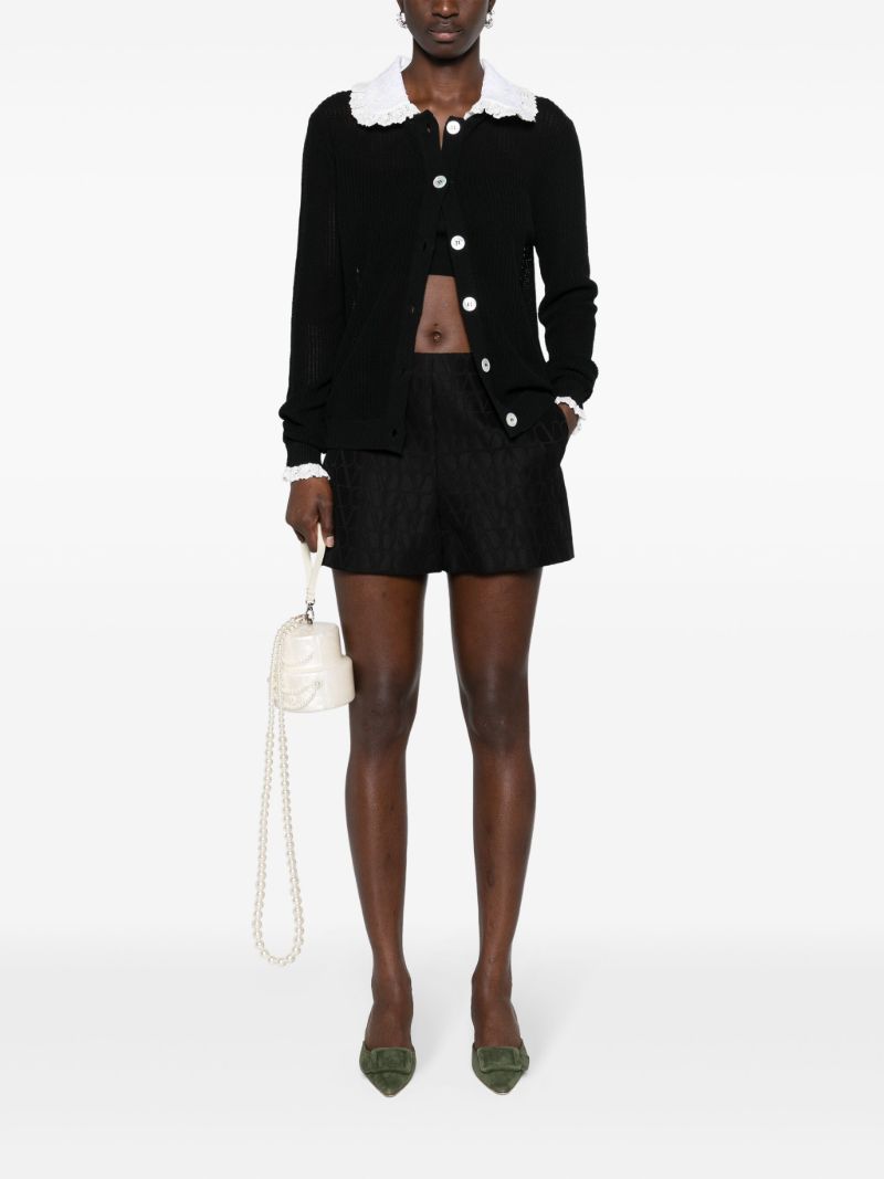 Black Lace-trim Ribbed-knit Cardigan
