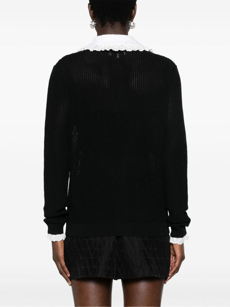 Black Lace-trim Ribbed-knit Cardigan