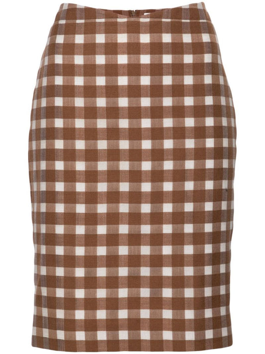Brown Gingham-check Pencil Skirt