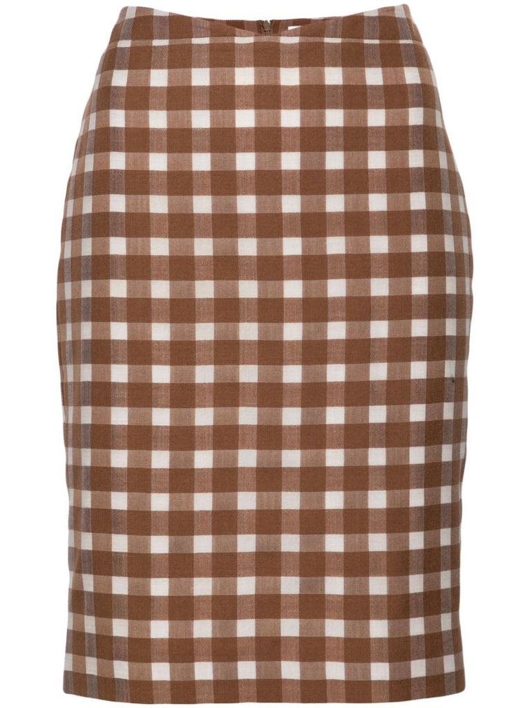 Brown Gingham-check Pencil Skirt