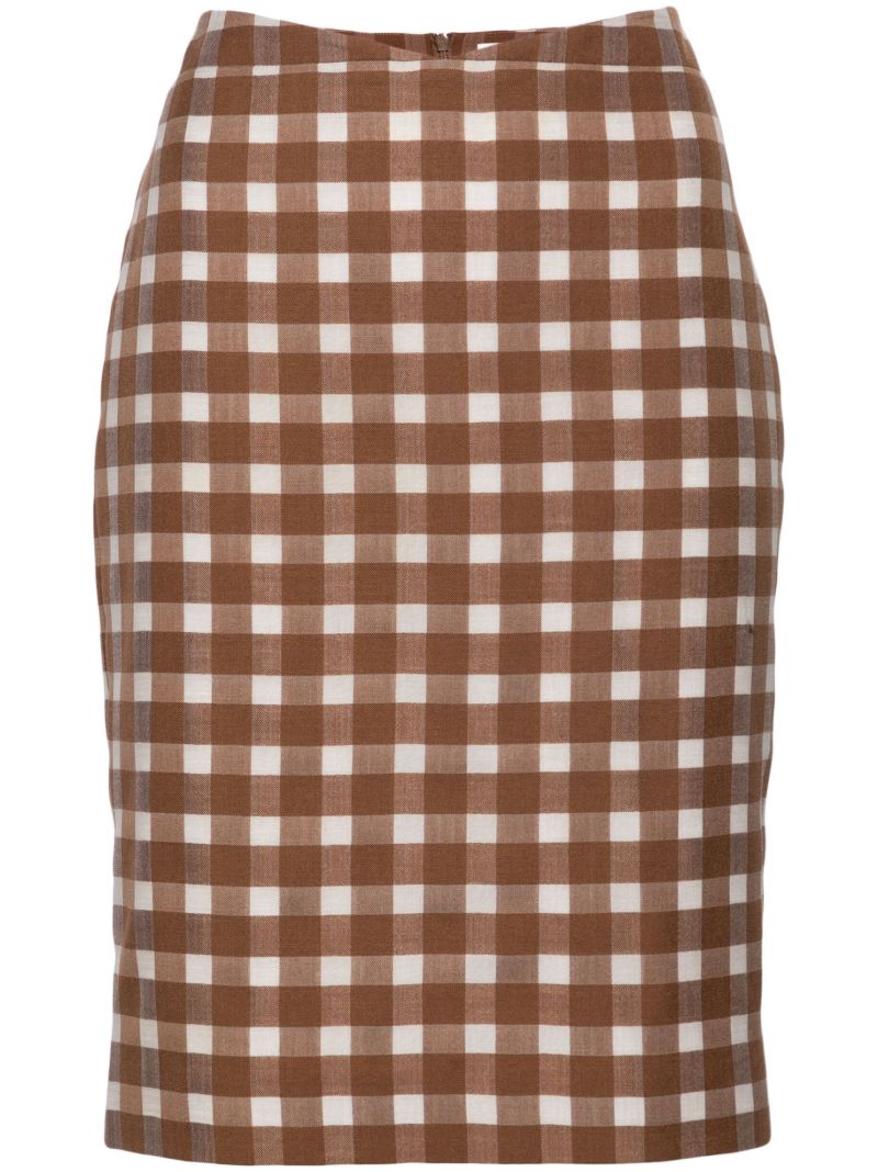 Brown Gingham-check Pencil Skirt