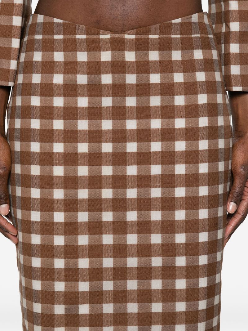 Brown Gingham-check Pencil Skirt