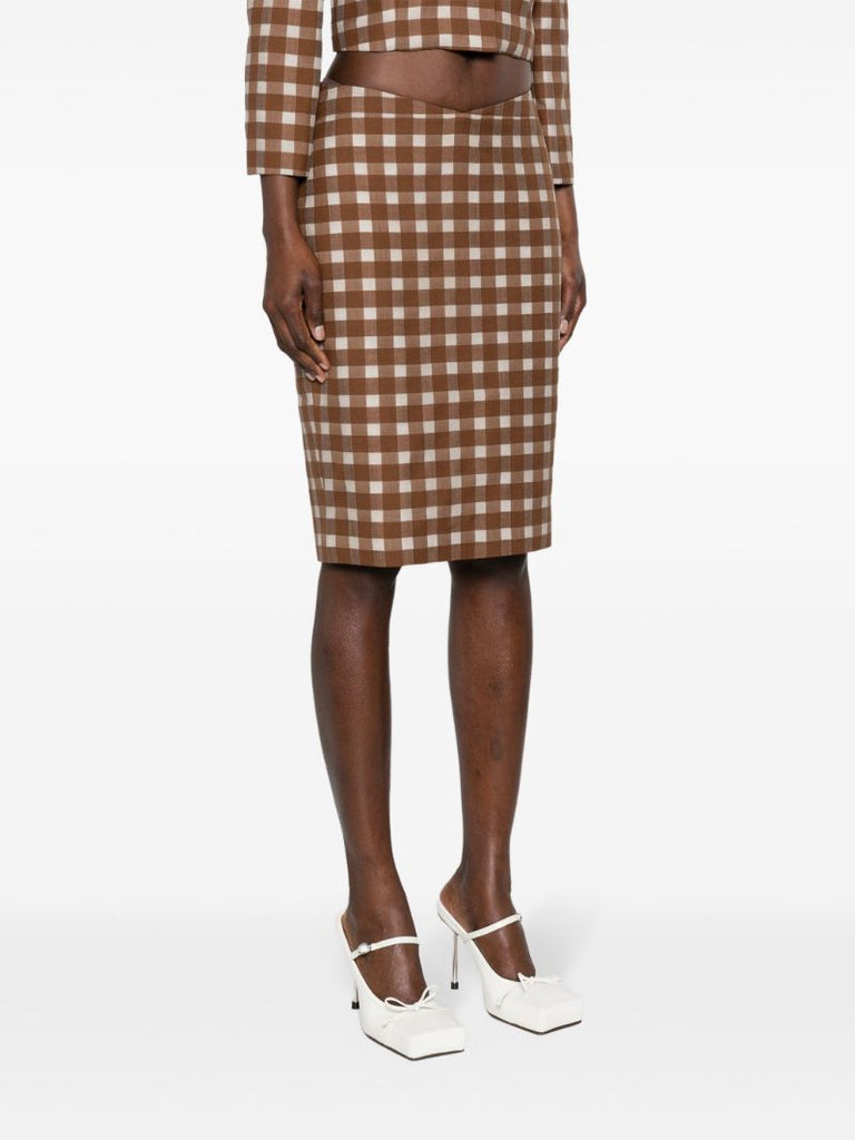 Brown Gingham-check Pencil Skirt