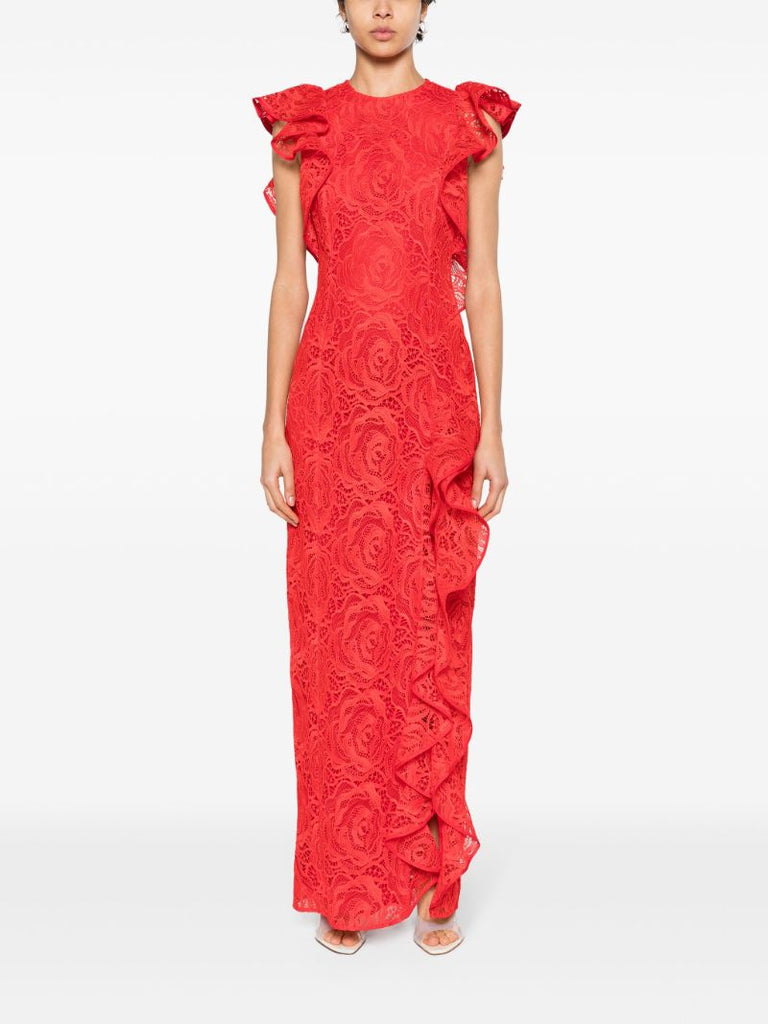 Red Ruffled Guipure-lace Gown