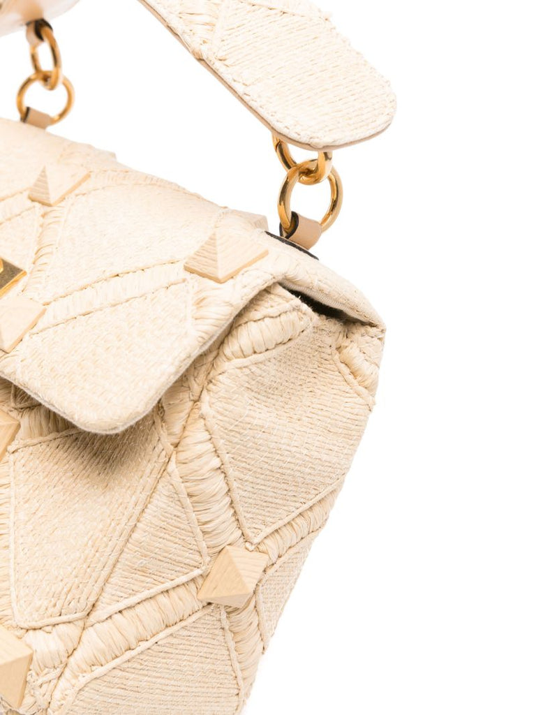 Neutral Roman Stud Raffia Tote Bag