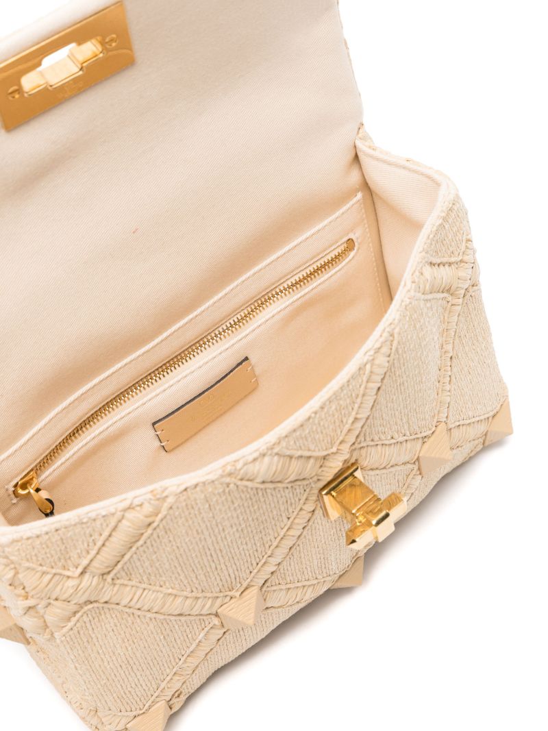 Neutral Roman Stud Raffia Tote Bag