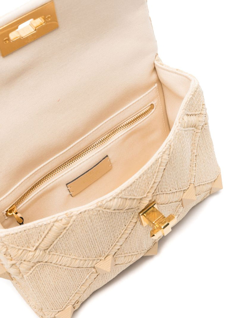 Neutral Roman Stud Raffia Tote Bag