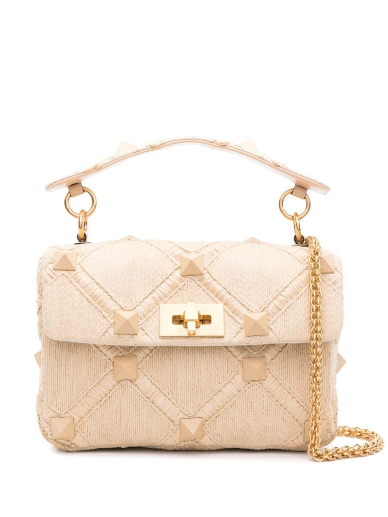 Neutral Roman Stud Raffia Tote Bag