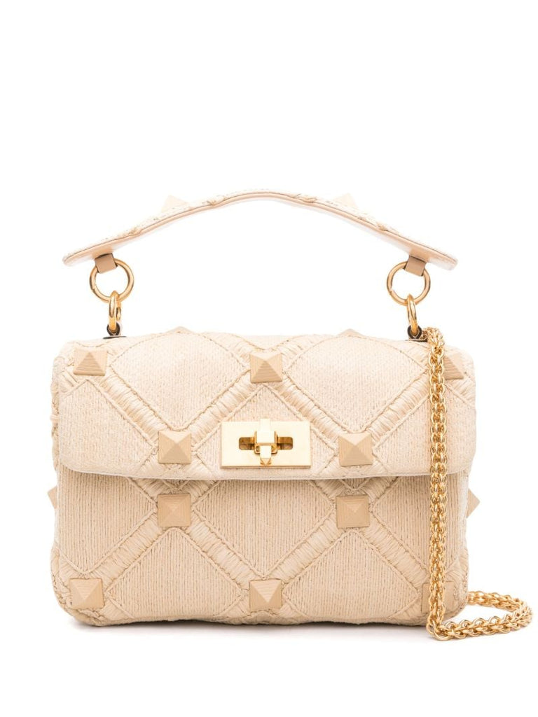 Neutral Roman Stud Raffia Tote Bag