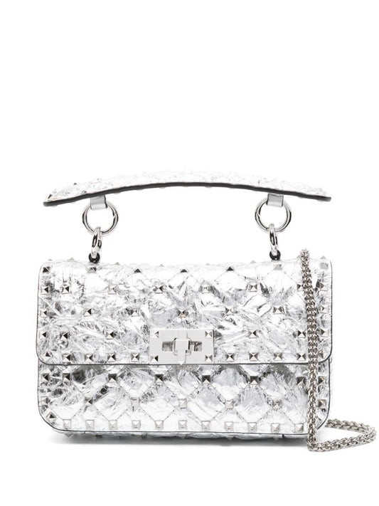 Silver Small Rockstud Metallic Leather Tote Bag