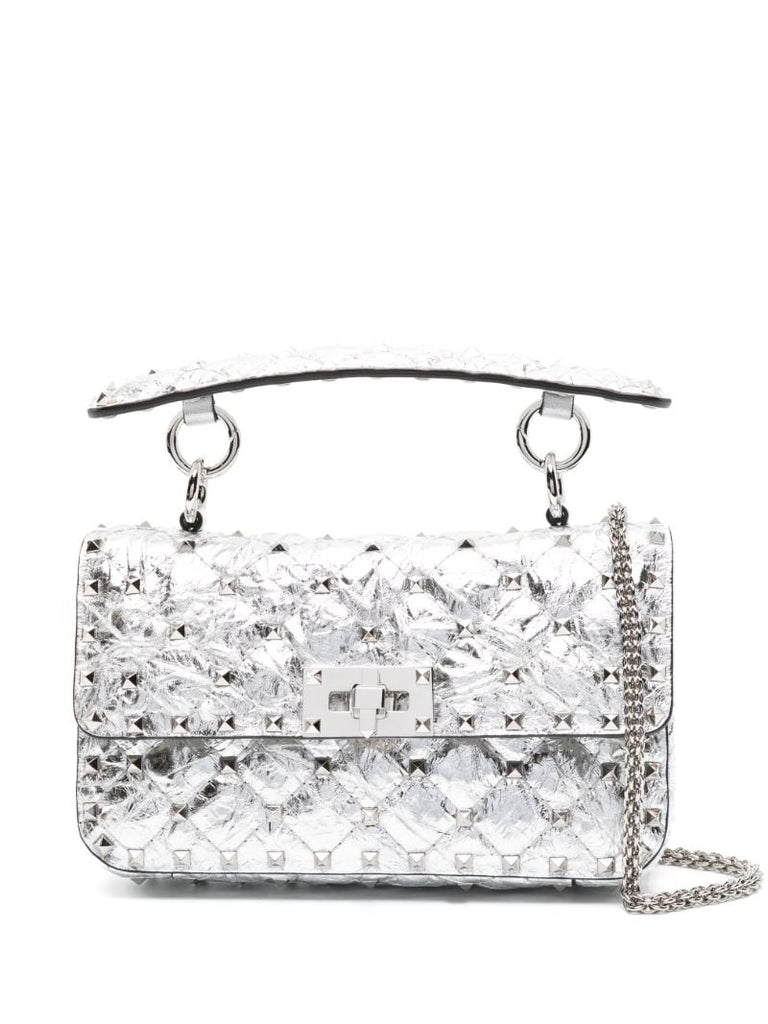 Silver Small Rockstud Metallic Leather Tote Bag