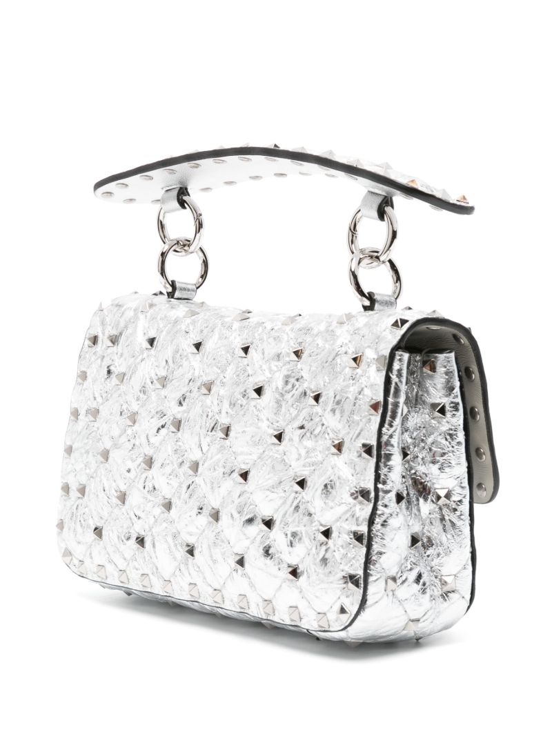 Silver Small Rockstud Metallic Leather Tote Bag