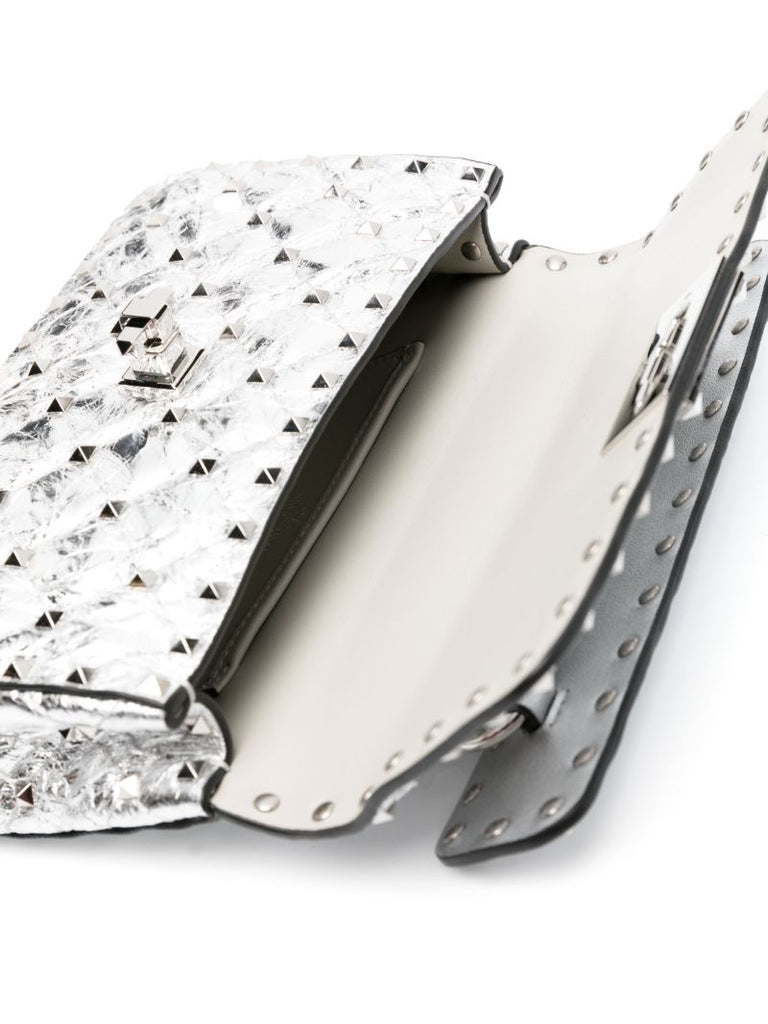 Silver Small Rockstud Metallic Leather Tote Bag