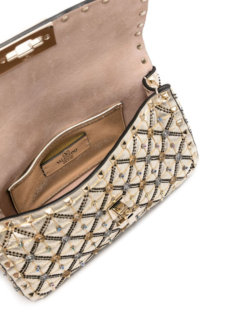 Beige Bead-embellished Metallic Tote Bag