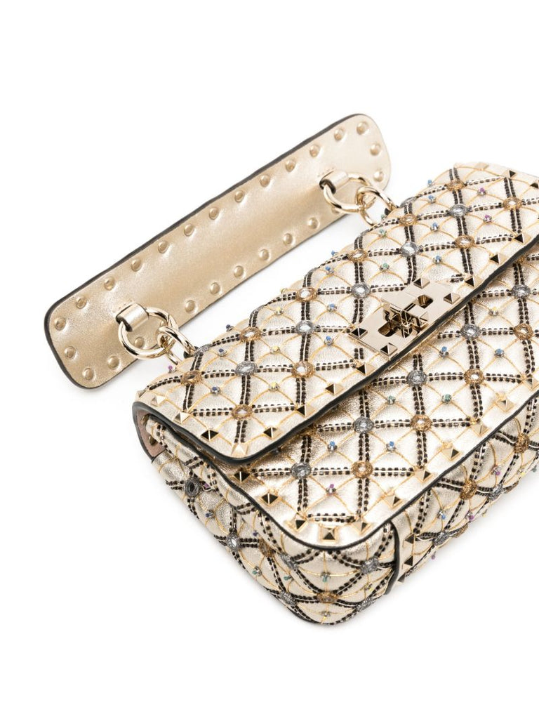 Beige Bead-embellished Metallic Tote Bag