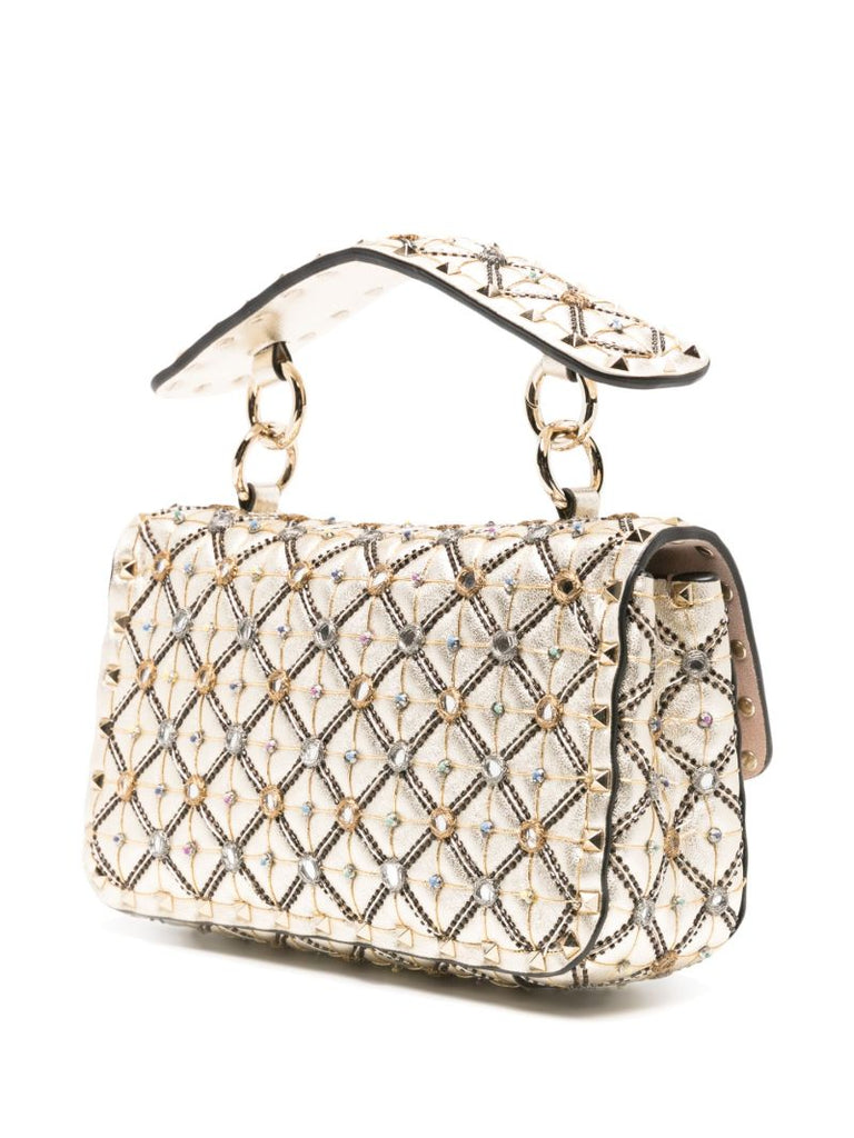 Beige Bead-embellished Metallic Tote Bag