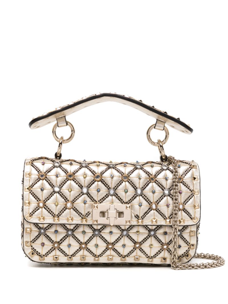 Beige Bead-embellished Metallic Tote Bag