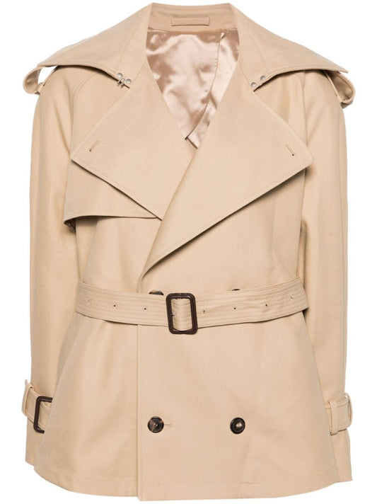Khaki Beige Cotton Double-breasted Short Coat