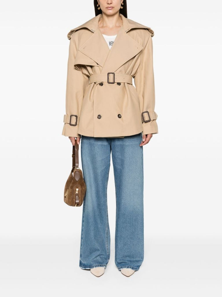 Khaki Beige Cotton Double-breasted Short Coat