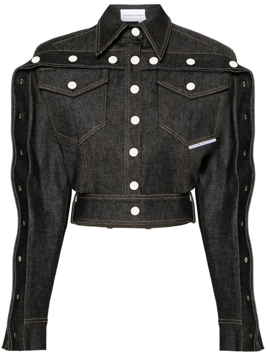 Grey Cut-out Cropped Denim Jacket