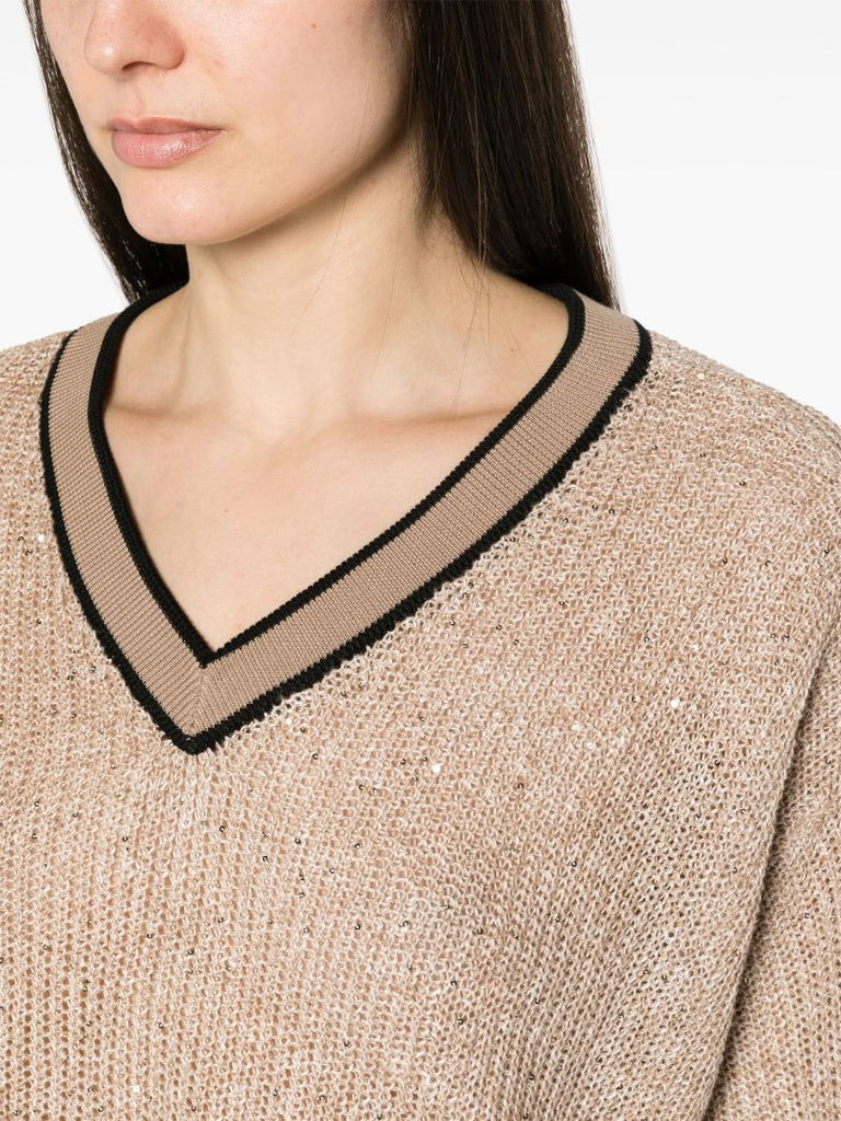 Brown Sequin-embellished Cotton Sweater