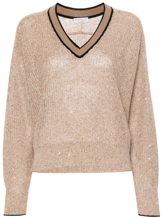 Brown Sequin-embellished Cotton Sweater