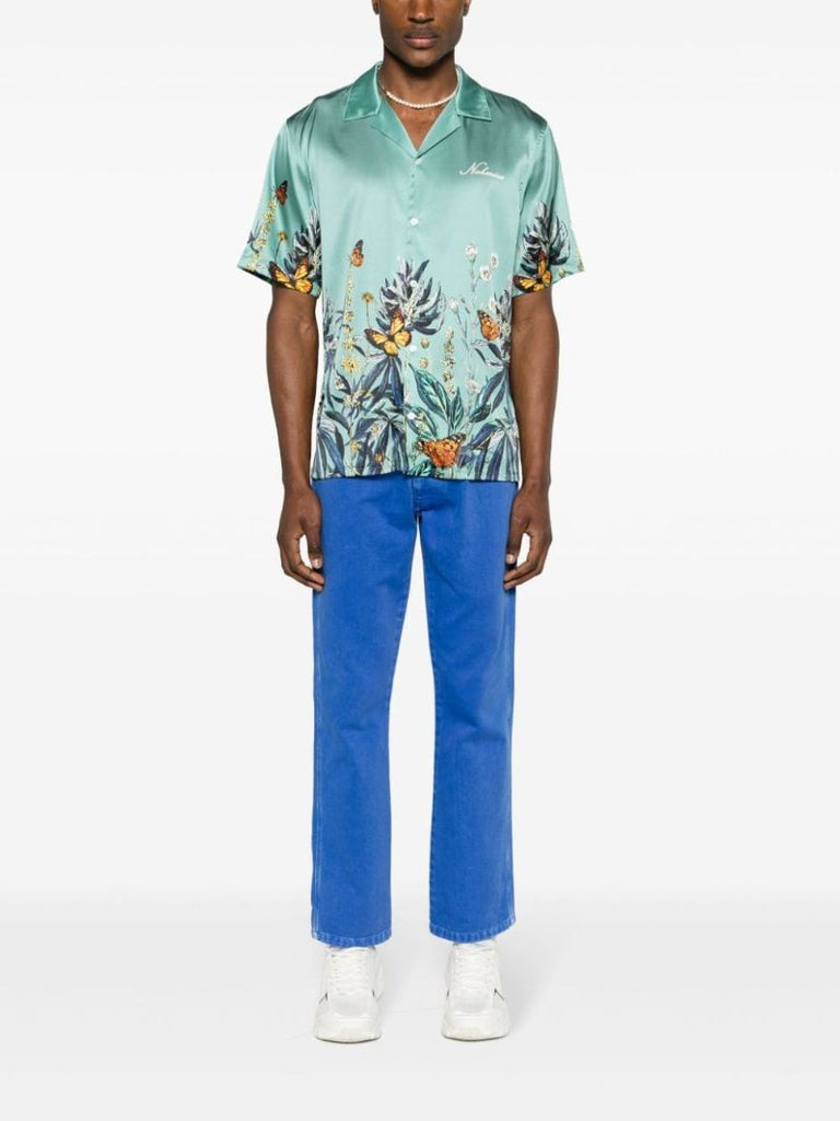 Green Botanical Printed Satin Shirt