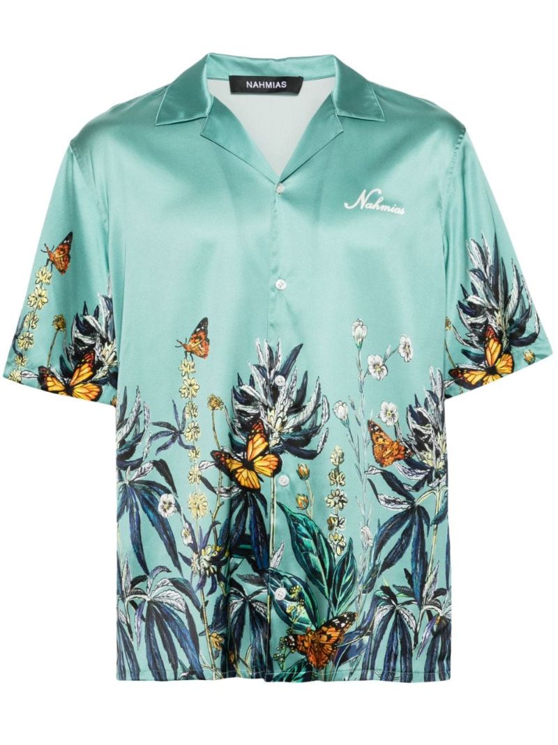 Green Botanical Printed Satin Shirt